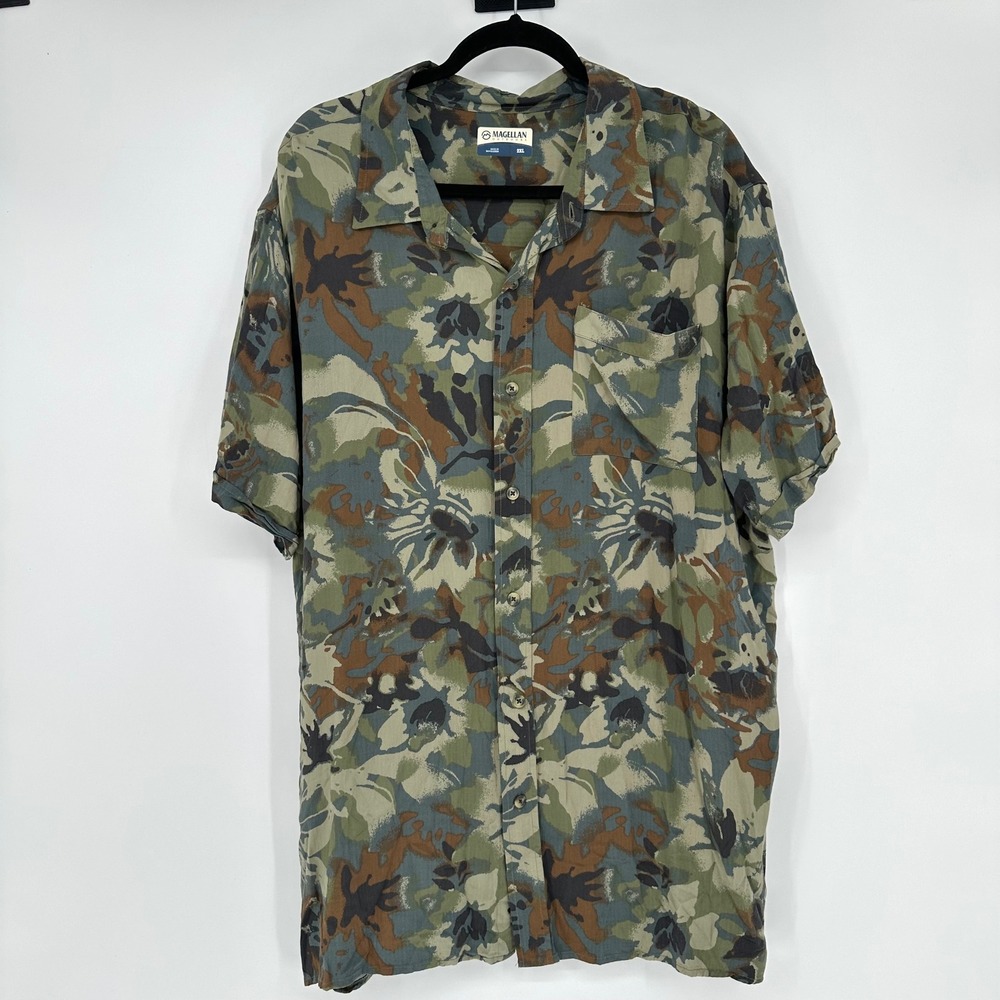 Magellan Outdoors Rayon Button Up Short Sleeve Abstract Floral Earthy Camo 2XL